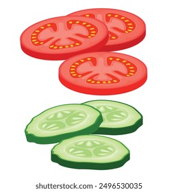 Vector image of slices of tomatoes and cucumbers. Concept of food and ingredients for cooking. Element for your design