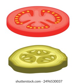 Vector image of slices of tomatoes and cucumbers. Concept of food and ingredients for cooking. Element for your design