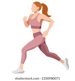 vector image of a slim girl in a sports uniform (leggings and a sports bra) jogging, playing sports, leading an active lifestyle isolated on a white background. preparing for a marathon. morning run.