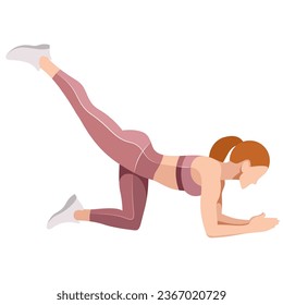 vector image of a slim girl in sportswear (leggings and sports bra) doing fitness, sports, training, isolated on a white background. girl doing exercises on the buttocks, training her legs, plank