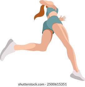 Imagen de Vector de una chica delgada en ropa deportiva (pantalones cortos y sujetador deportivo) corriendo. vista de correr desde abajo. ángulo desde abajo. vista desde abajo. aislado sobre fondo blanco. mujer corriendo. trote por la mañana. trotar