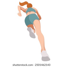 vector image of a slim girl in sportswear (shorts and sports bra) running. running view from below. angle from below. view from below. isolated on white background. woman running. morning jog. jogging