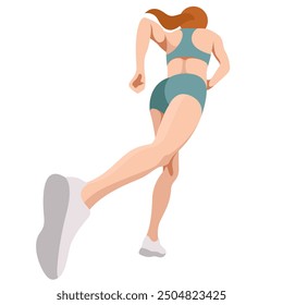 vector image of a slim girl in sportswear (shorts and sports bra) running. running view from below. angle from below. view from below. isolated on white background. woman running. morning jog. jogging