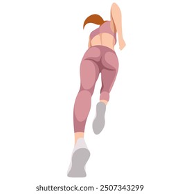 Imagen de Vector de una chica delgada en ropa deportiva (pantalones cortos y sujetador deportivo) corriendo. vista de correr desde abajo. ángulo desde abajo. vista desde abajo. aislado sobre fondo blanco. mujer corriendo. trote por la mañana. trotar