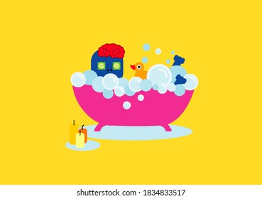 
imagen vectorial de un pequeño zombi azul con el cerebro lavado en una bañera rosa con espuma y burbujas en un fondo amarillo