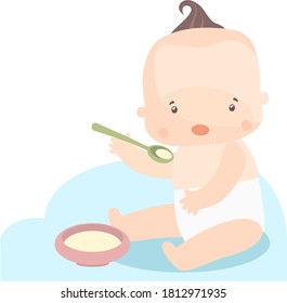 
vector image of a small cartoon child who independently eats porridge with a spoon. the first feeding of a newborn baby.
vector stock illustration in cartoon style for printing on postcards, websites