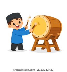 Vector Imagen de un Pequeño niño vestido de musulmán golpeando un tambor contra un fondo blanco. Adecuado para Ramadán y eventos islámicos.