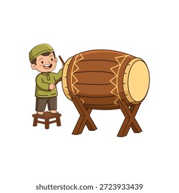 Vector Imagen de un Pequeño niño vestido de musulmán golpeando un tambor contra un fondo blanco. Adecuado para Ramadán y eventos islámicos.