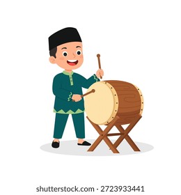 Vector Imagen de un Pequeño niño vestido de musulmán golpeando un tambor contra un fondo blanco. Adecuado para Ramadán y eventos islámicos.