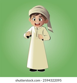 vector image of a small child wearing Muslim clothes with a Ramadan theme on an outih green background