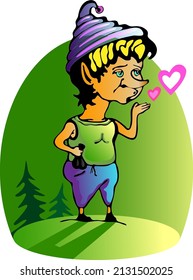 Vector image of a small gnome in green tones in a clearing against the background of pines