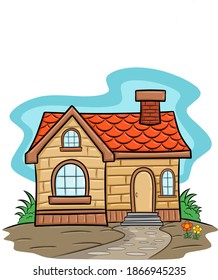 Imagen vectorial de una pequeña casa con jardín verde y árboles. Dibujado en estilo de caricatura