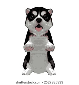 The vector image of a small Husky puppy shows an adorable figure with thick black and white fur. Its face is cute, with bright, curious eyes, upright ears, and a small, agile body that looks both play