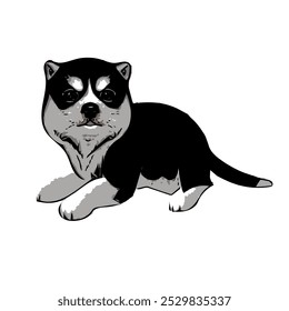 The vector image of a small Husky puppy shows an adorable figure with thick black and white fur. Its face is cute, with bright, curious eyes, upright ears, and a small, agile body that looks both play