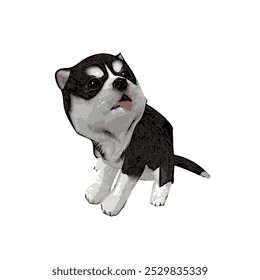 The vector image of a small Husky puppy shows an adorable figure with thick black and white fur. Its face is cute, with bright, curious eyes, upright ears, and a small, agile body that looks both play