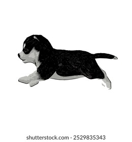 The vector image of a small Husky puppy shows an adorable figure with thick black and white fur. Its face is cute, with bright, curious eyes, upright ears, and a small, agile body that looks both play