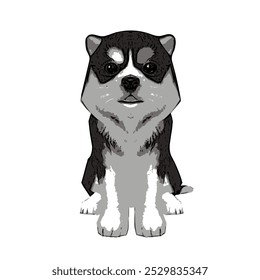 The vector image of a small Husky puppy shows an adorable figure with thick black and white fur. Its face is cute, with bright, curious eyes, upright ears, and a small, agile body that looks both play