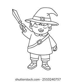 Vector image of a small medieval knight. Boy with a sword in his hand. Coloring page, doodle