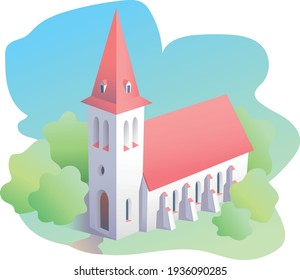 Vector image small old church. European architecture