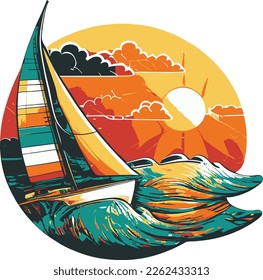 Vector image of small sailing yacht. Sea wave, sunset and small sailing ship..