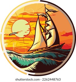 Vector image of small sailing yacht. Sea wave, sunset and small sailing ship..