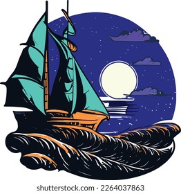 Vector image of small sailing yacht at night. Sea wave, moon and lunar reflection in the sea..