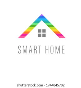 Vector Bild eines intelligenten Zuhauses. Farbiges Dach aus mehrfarbigen horizontalen Linien und einem Fenster auf weißem Hintergrund. Logo Signatur Smart Home. Logo der Innovation, digital, Technologie, Immobilien.