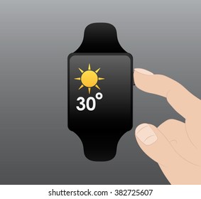 Vector image, smart watch, finger presses on the button
