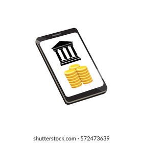 Vector image of a smartphone with a bank symbol and coins 