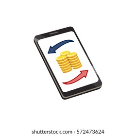 Vector image of a smartphone with coins and arrows