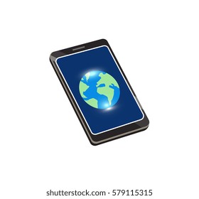 Vector image of a smartphone with a globe on the screen