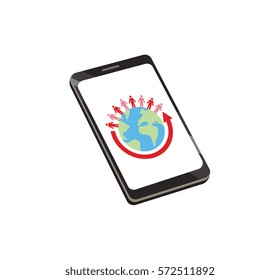 Vector image of a smartphone with a globe, people and an arrow