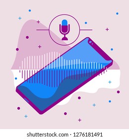vector image of smartphone, with microphone icon, wave graph of voice, sound, voice assistan