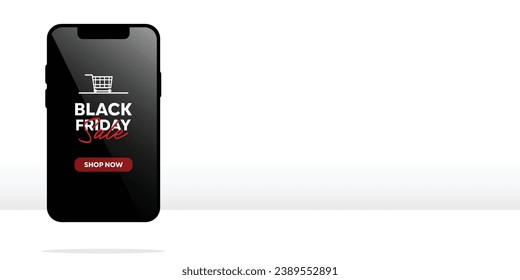 "Vector image of a smartphone on a white background with a Black Friday sale theme, featuring space for text and a shopping cart icon. Perfect for Black Friday sales."