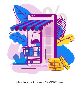 vector image of a smartphone, online shopping,online store, shopping cart, discounts in the online store, shopping