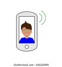 Vector image of a smartphone publishing a sound with a smiling man on the screen, a flat icon for a social network or website.