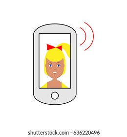 Vector image of a smartphone publishing a sound with a smiling girl on the screen, a flat icon for a social network or website.