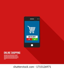 Vector image of a smartphone showing online shopping with "add to cart" option. Conceptual image for e-commerce.