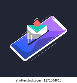 vector image of the smartphone from which goes e - mail, information and data transfer