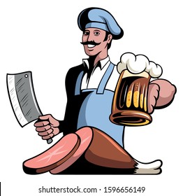 Vector image of an smiling butcher, chief cook, holding a cleaver knife and beer mug in his hands, with ham, piece of meat in the foreground.