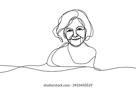 Vector image of a smiling elderly woman, in linear style. One line.