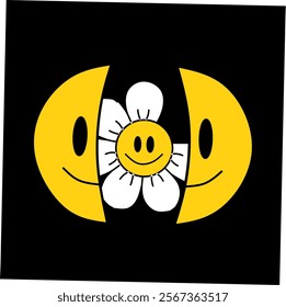 vector image of a smiling emoji and a sunflower in the middle.