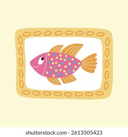 Vector image of a smiling pink cartoon fish with multicolored spots inside a yellow oval frame. Fun and playful kids-themed design.