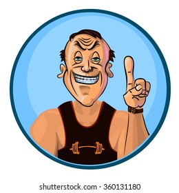Vector image of smiling trainer holding his index finger up.  Made in comic cartoon style.