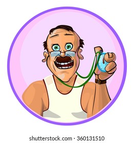 Vector image of smiling trainer holding a timer in his hand.  Made in comic cartoon style.