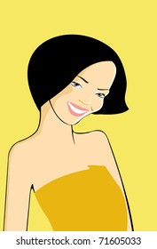 vector image of smiling woman, isolated on yellow