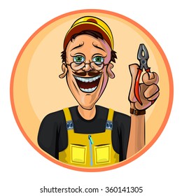 Vector image of smiling workman holding pliers in his hand. Made in comic cartoon style.