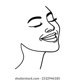 Vector image of a smiling young woman, in linear style. One line.