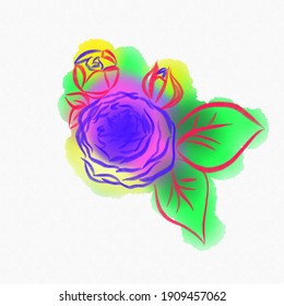 Vector image of smooth neon juicy rose isolated on white background. Composition for banner, florist, booklet, brochure, advertising, commercial, promotion, frame. Hand drawn style 