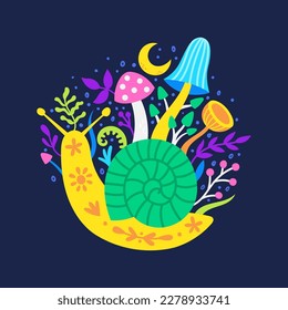 Vektorbild einer Schnecke unter Pilzen, lebhafte Concept-Illustration